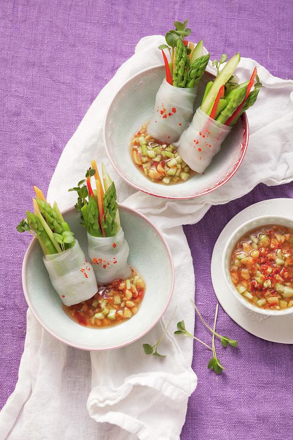 Green Asparagus In Rice Paper With A Spicy Vegetable Dip Photograph by Eising Studio - Food Photo & Video