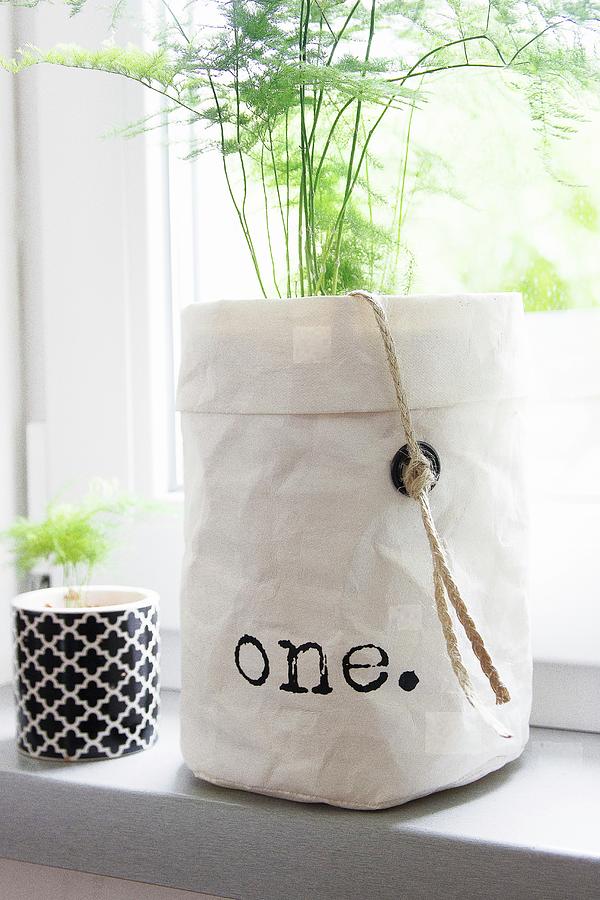 Green Asparagus In White Paper Bag With Printed Lettering On Windowsill Photograph by Astrid Algermissen