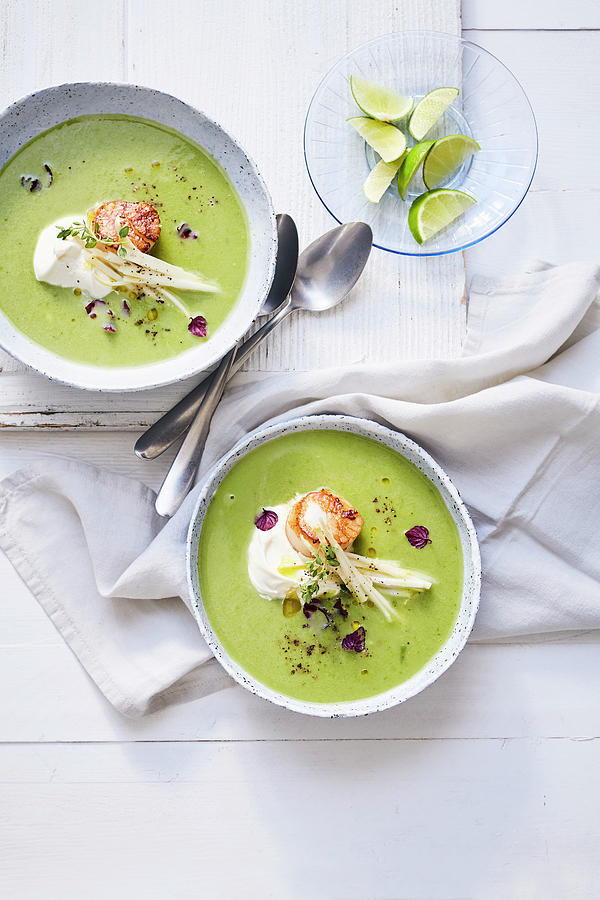 Green Asparagus Soup With Scallops And White Asparagus Photograph by Stockfood Studios /  Thorsten Suedfels