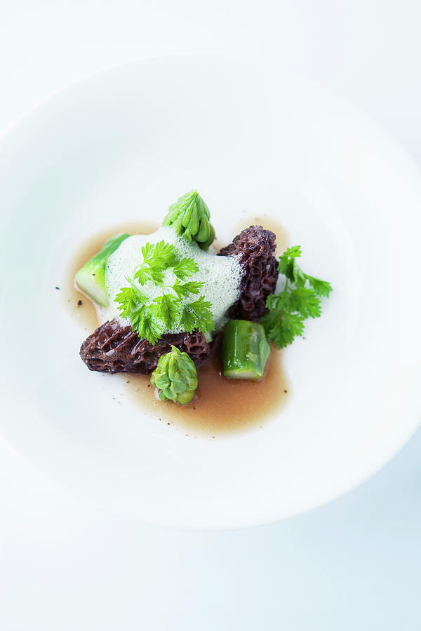 Green Asparagus Tips With Morel Mushrooms And Tarragon Foam Photograph