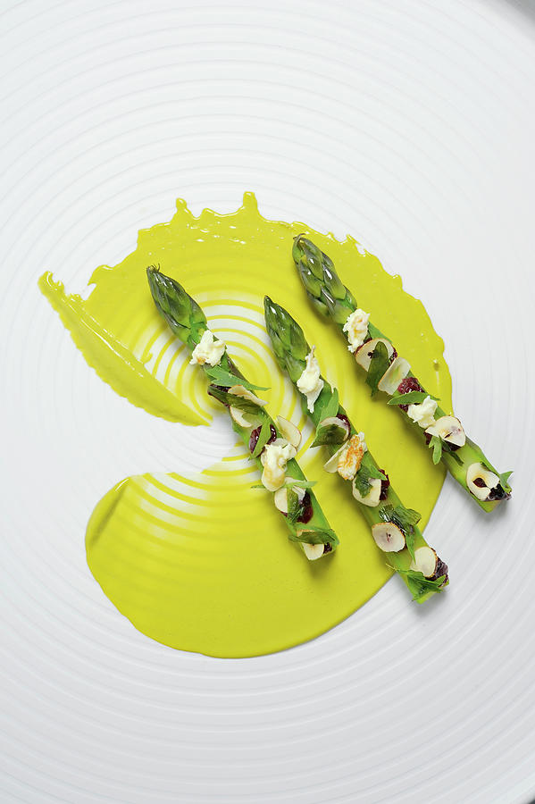Green Asparagus With Lovage, Cherries And Pistachio Cream Photograph by Tre Torri
