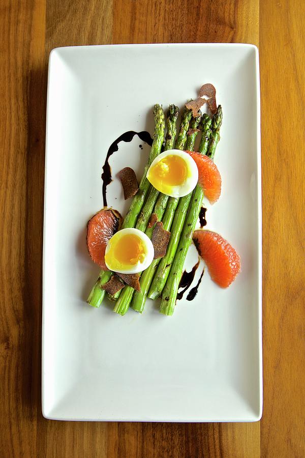 Green Asparagus With Soft Boiled Egg, Blood Oranges, Truffles And