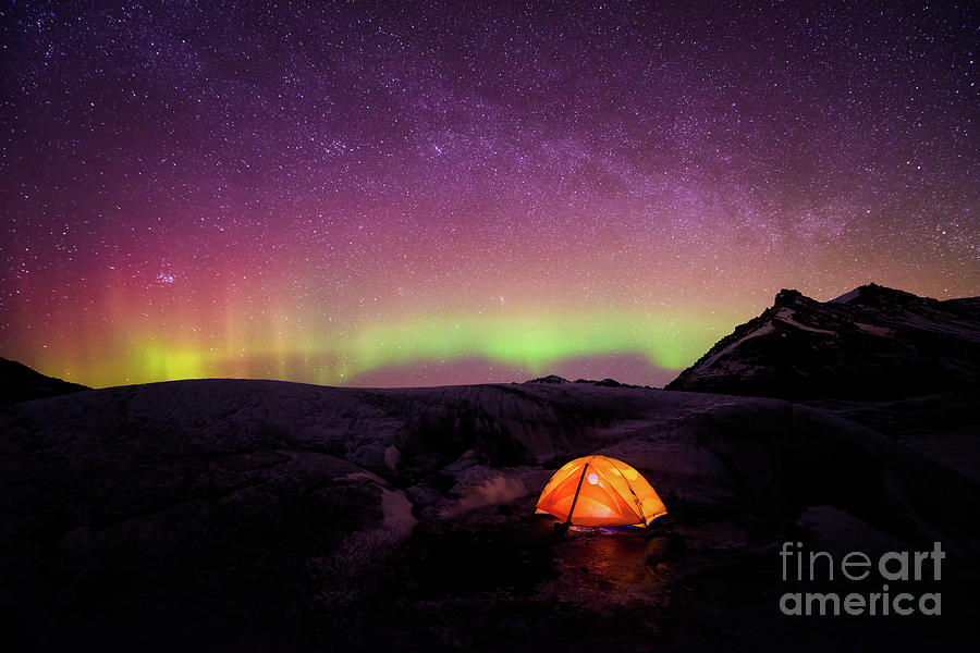 Space Photograph - Green Aurora And Stars Over Tent by Henry Liu