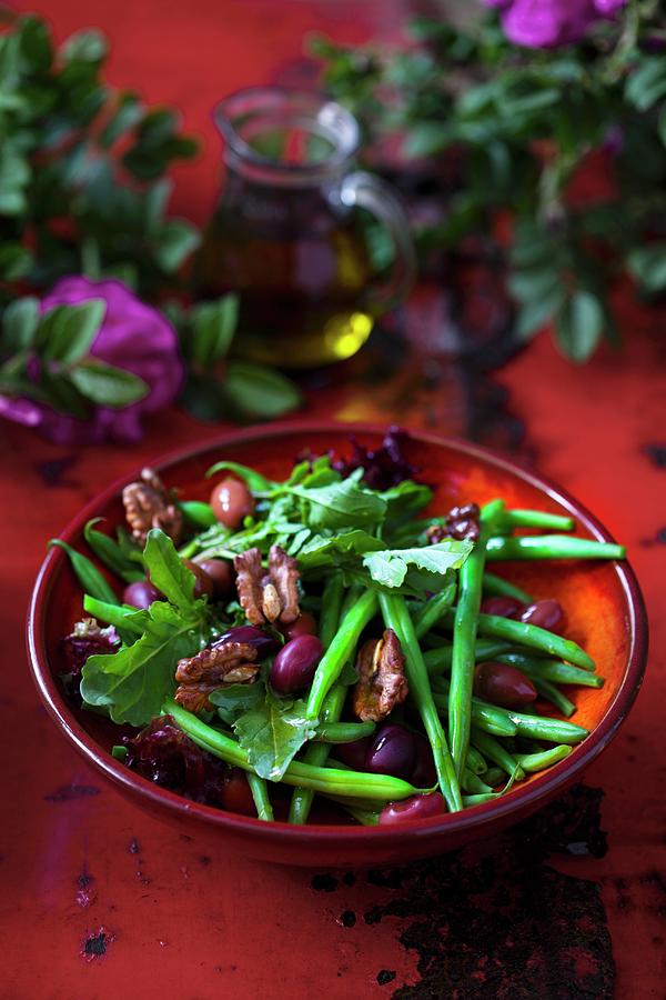 Green Bean Salad With Rocket, Olives And Walnuts Photograph by Boguslaw Bialy