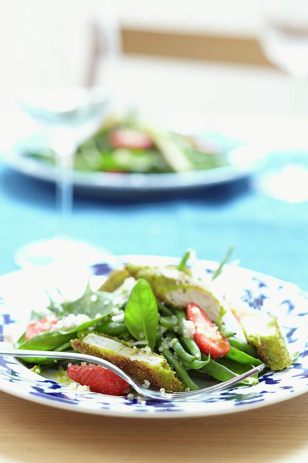 Green Bean Salad With Strawberries And Breaded Chicken Photograph by Atelier Mai 98