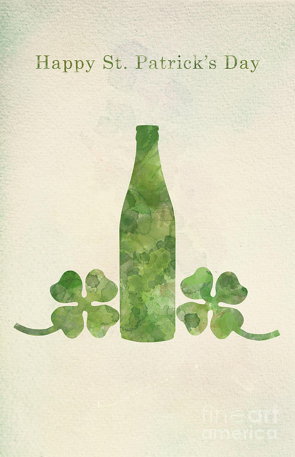 Green beer bottle and four-leaf clovers in watercolor painting. Photograph by Michal Bednarek