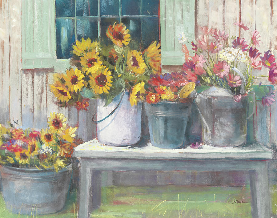 Flower Painting - Green Bench Bright by Carol Rowan