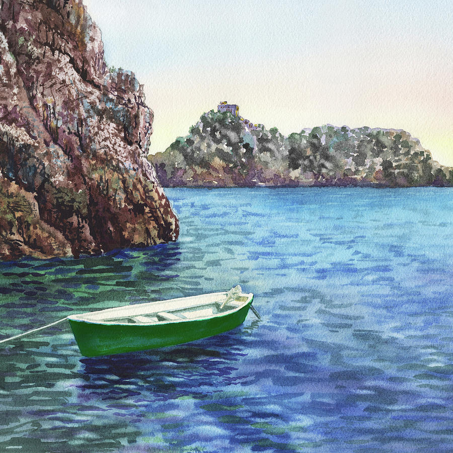 Green Boat Blue Sea Safe Harbor Watercolor  Painting by Irina Sztukowski