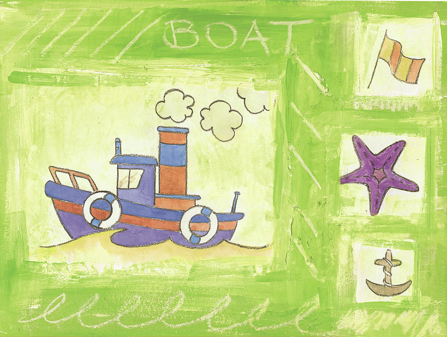 Tugboat Painting - Green Boat by Maria Trad