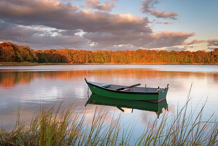 Transportation Photograph - Green Boat On Salt Pond by Michael Blanchette Photography