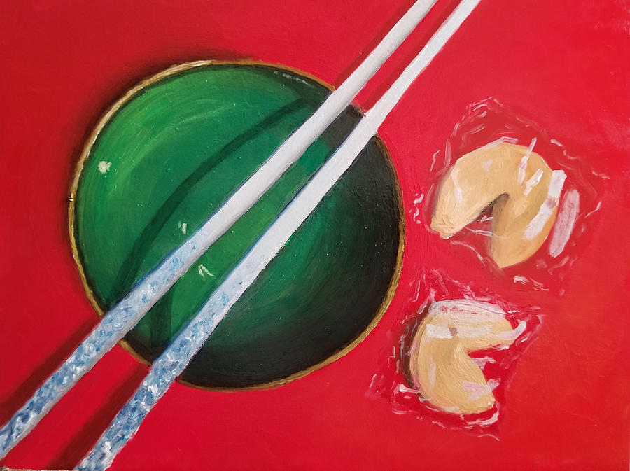 Green Bowl with Chopsticks Painting by Karyn Robinson