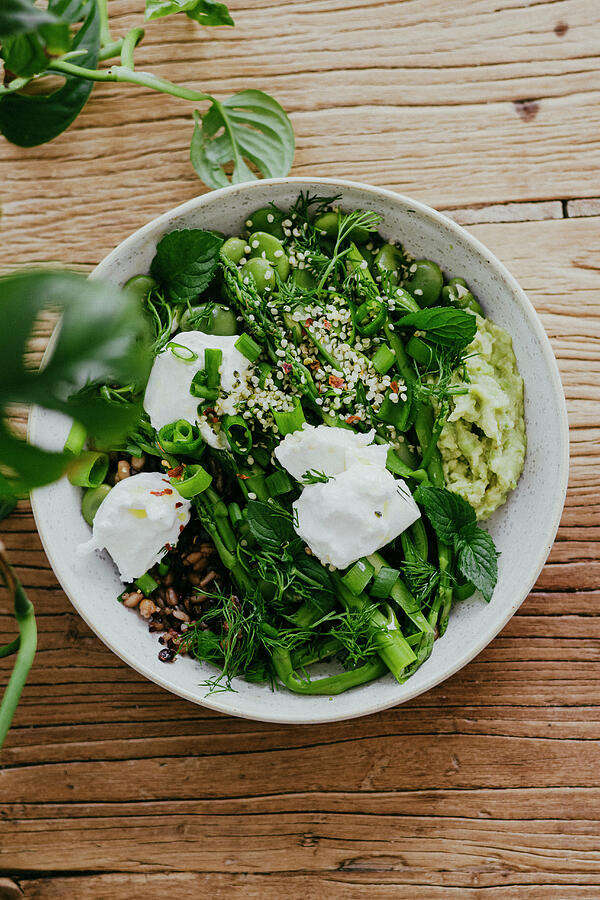 Green Bowl With Lentils, Avocado Mash, Asparagus, Broad Beans And Burrata Photograph by Monika