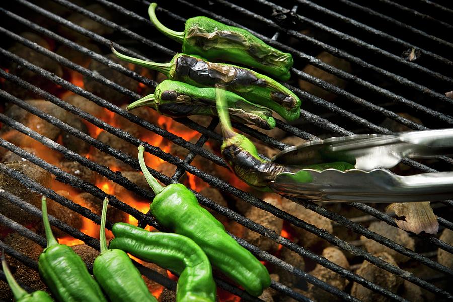 Green Chilli Peppers On A Grill Photograph by Lode Greven Photography