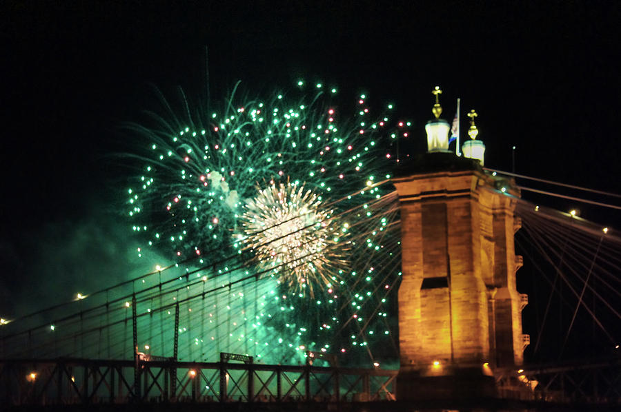 Green Fireworks Bursting Over Cincinnati Bridge Photograph by Art Spectrum