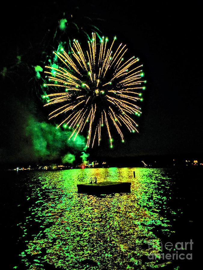 Green Fireworks Shimmer Over The Lake Photograph by Jane Butera