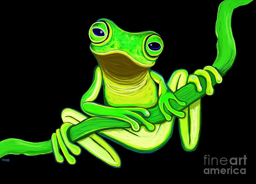 Animal Painting - Green Frog on a vine by Nick Gustafson