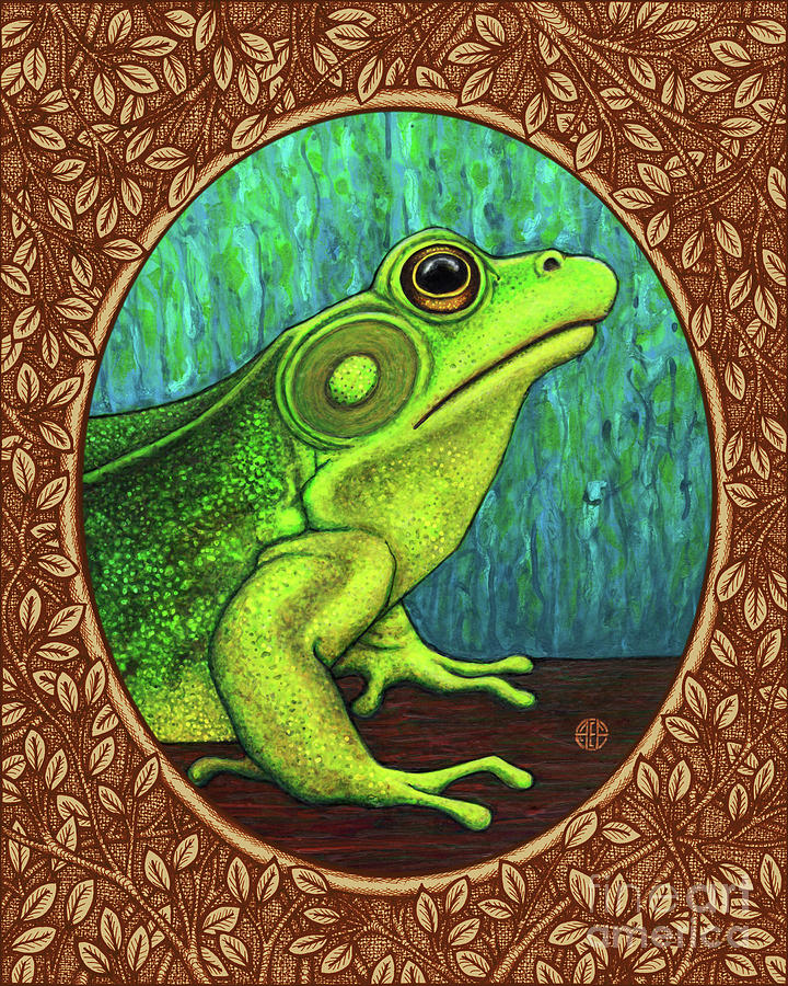 Green Frog Portrait - Brown Border Painting by Amy E Fraser
