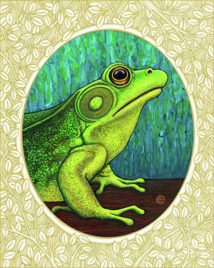 Green Frog Portrait - Cream Border Painting by Amy E Fraser