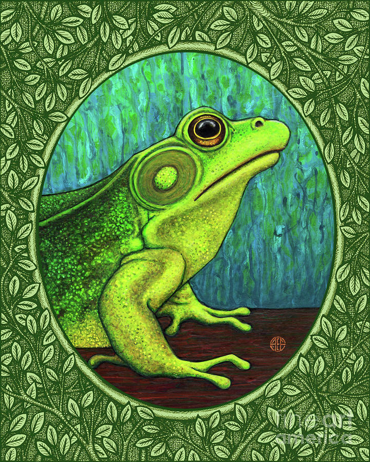 Green Frog Portrait - Green Border Painting by Amy E Fraser
