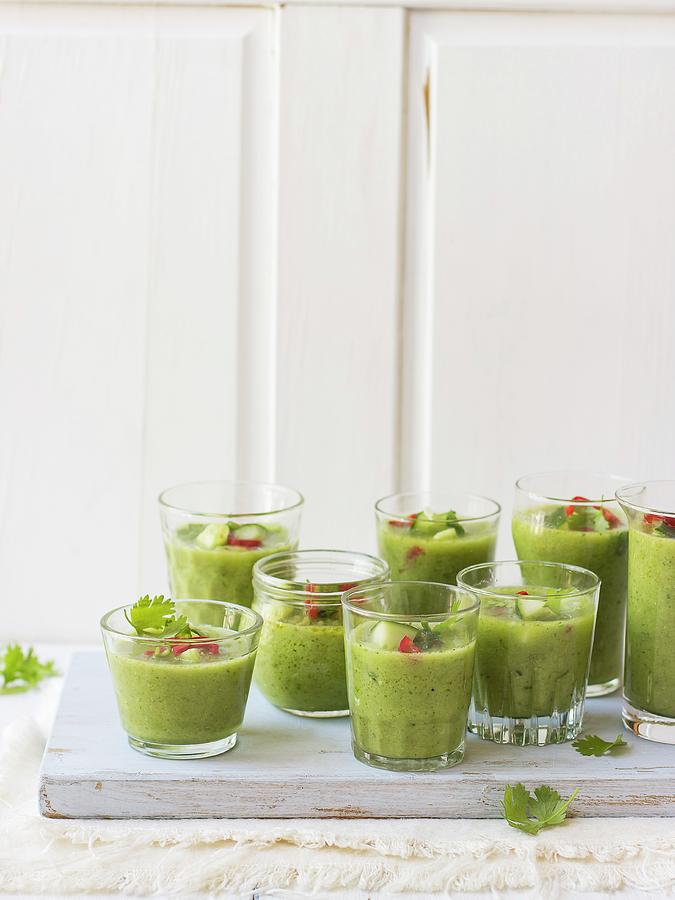 Green Gazpacho With Cucumber, Celery, Green Peppers, Red Chilli Peppers And Coriander Leaves Photograph by Zuzanna Ploch