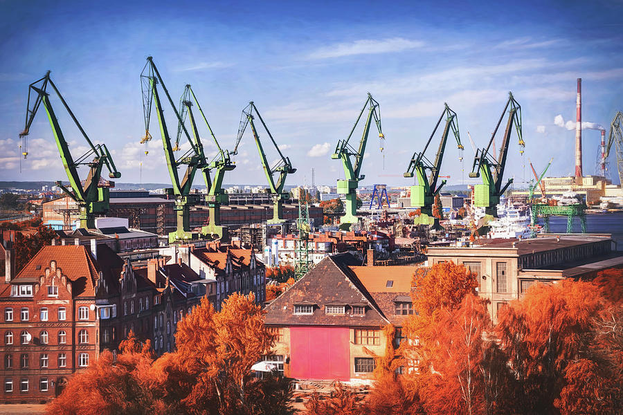 Crane Photograph - Green Giants of Gdansk Shipyard Poland  by Carol Japp