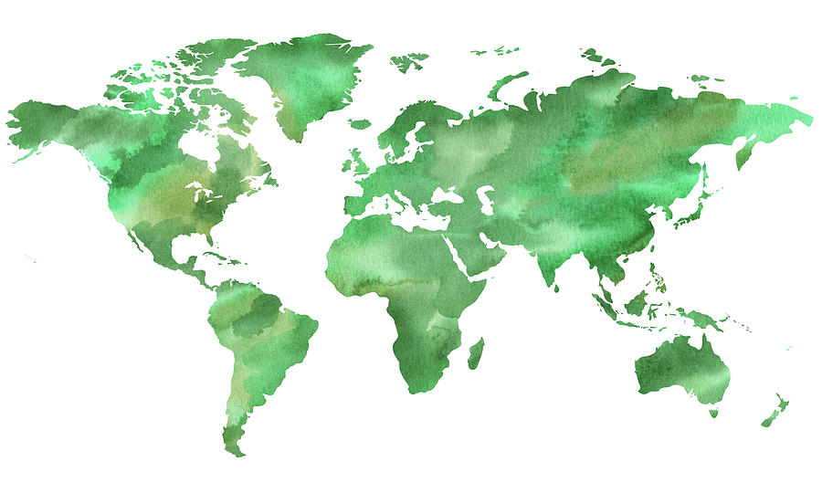 Green Green World Watercolor Map Painting by Irina Sztukowski