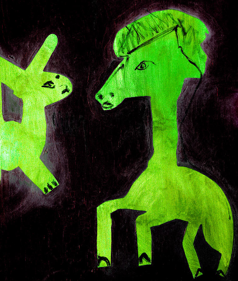 Green horse and rabbit Digital Art by Edgeworth Johnstone