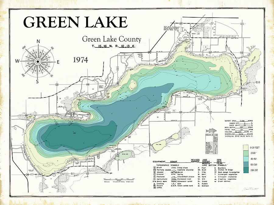 Green Lake Map Wisconsin 1974 Digital Art by Jean Plout