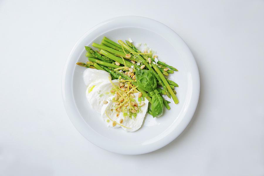 Green Mini Asparagus With Mozzarella, Pine Nuts, Lemon Zest And Fleur De Sel Photograph by Jalag / Stefan Bleschke