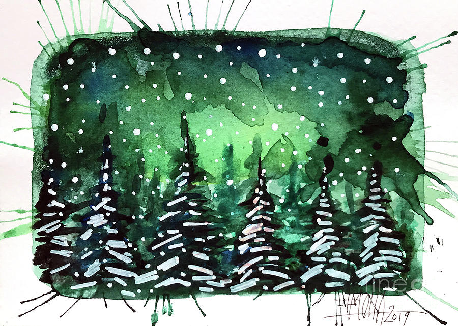 GREEN NIGHT - Winterscape Watercolor - Mona Edulesco Painting by Mona Edulesco