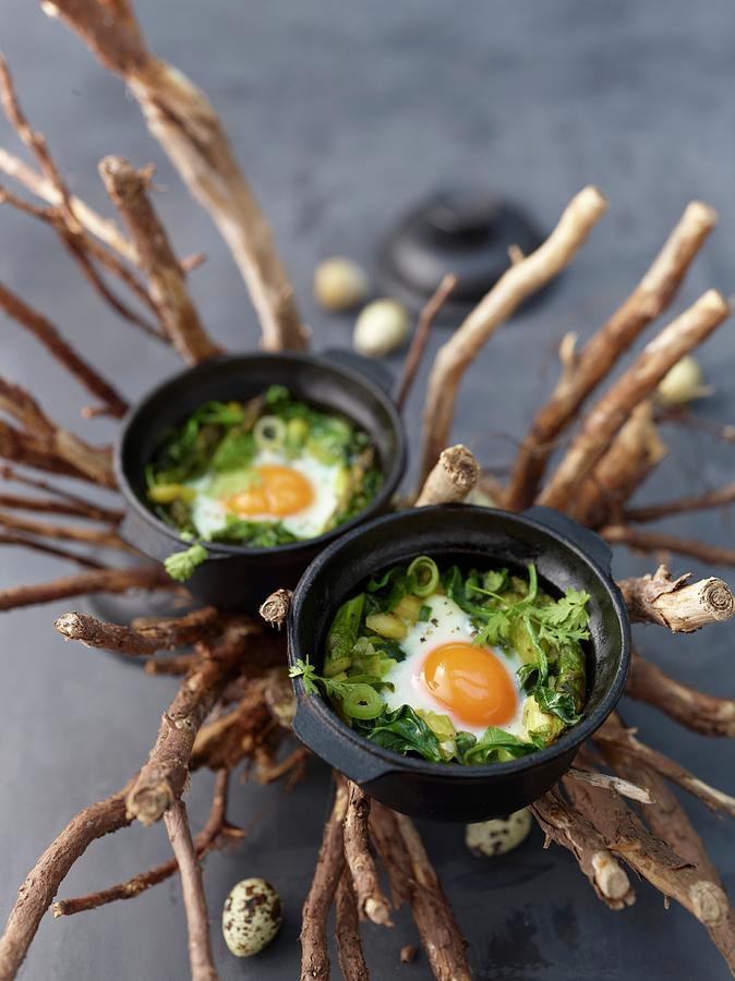 Green Oeuf Cocotte baked Eggs, France Photograph by Jalag / Jan-peter Westermann