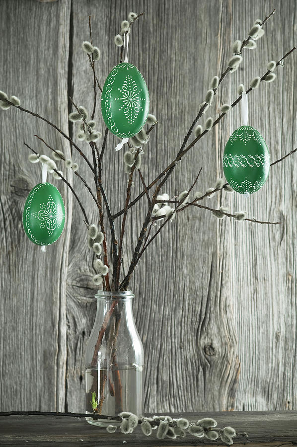 Green-painted Easter Eggs Hung From Pussy Willow Branches In Bottle Photograph by Achim Sass
