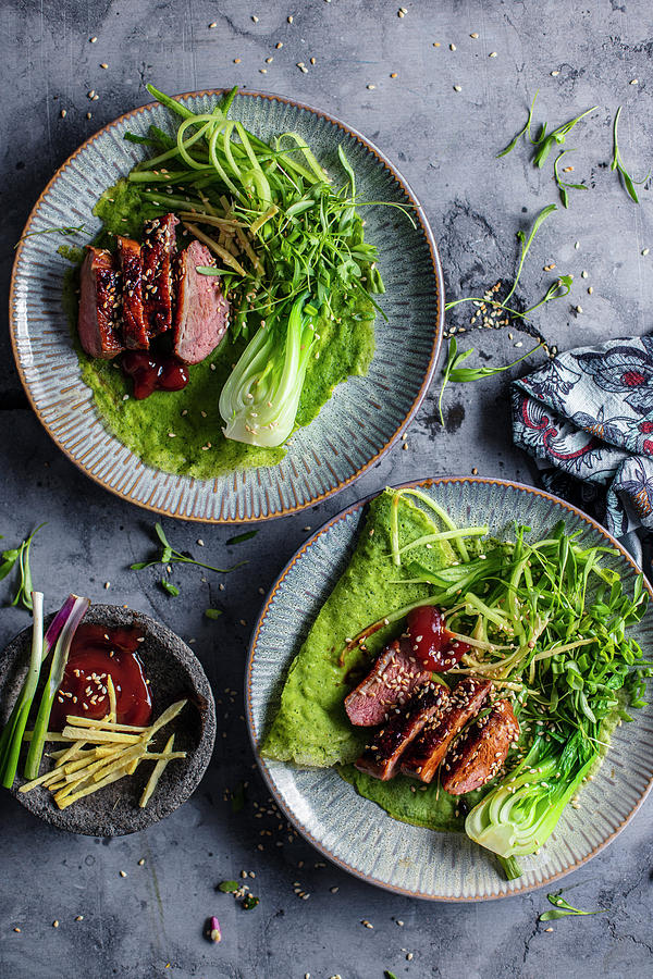 Green Pancakes With Glazed Duck And Paksoi asia Photograph by Great Stock!