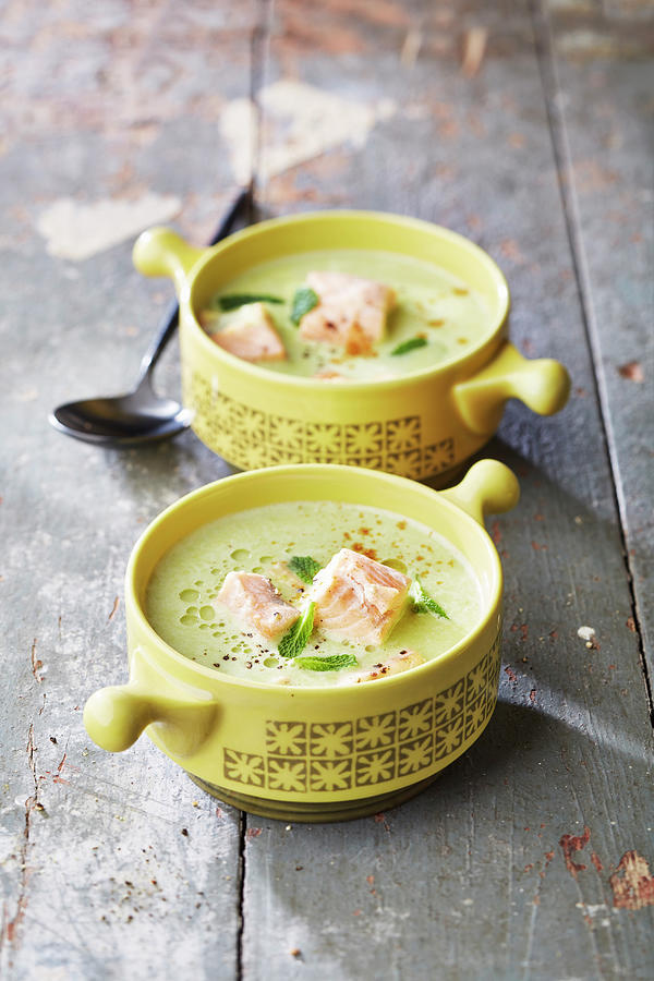Green Pea Soup With Salmon Photograph by Meike Bergmann