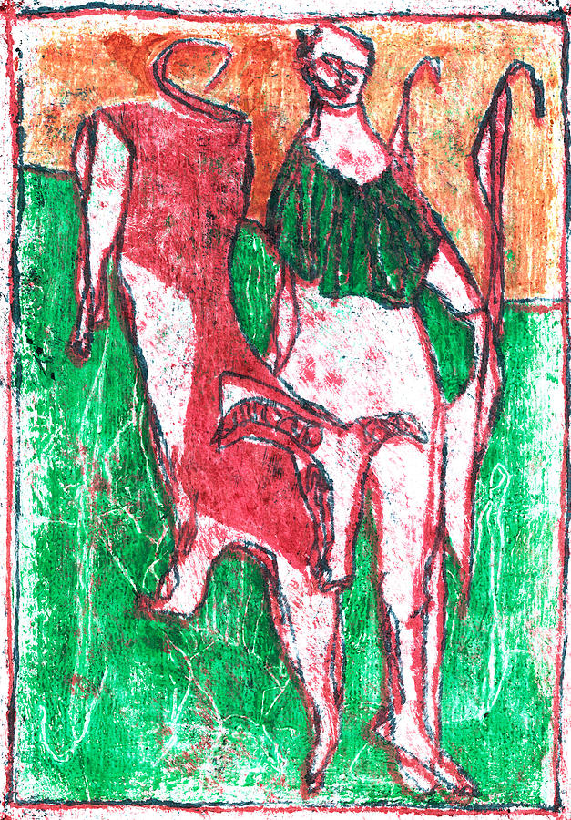 Sheep Painting - Green shepherd and a ram by Edgeworth Johnstone