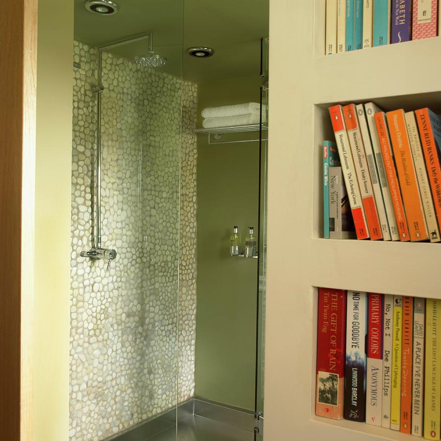 Green Shower Stall With Mosaic Tile Wall And Glass Door Next To A Bookcase Photograph by Tim Imri