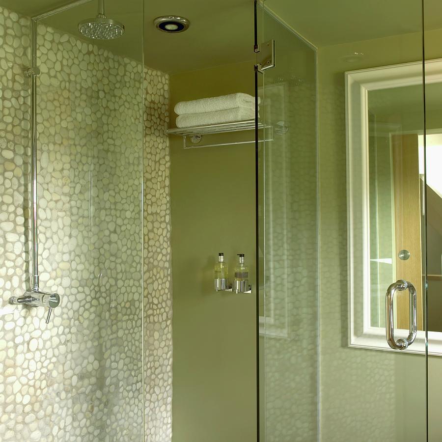 Green Shower Stall With Mosaic Tile Wall And Glass Door Photograph by Tim Imri