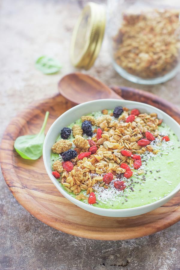 Green Smoothie With Granola And Superfoods Photograph by Ileana Pavone