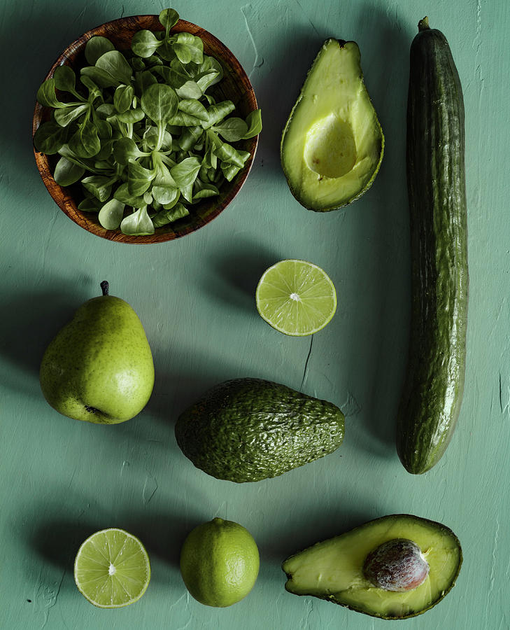 Green Smootie Ingredients - Cucumber, Avocado, Limes, Lambs Lettuce, Pear Photograph by Mateusz Siuta