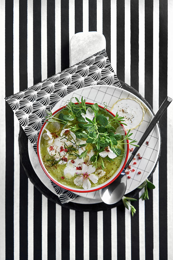Green Soup With Edible Flowers Photograph by Malgorzata Stepien