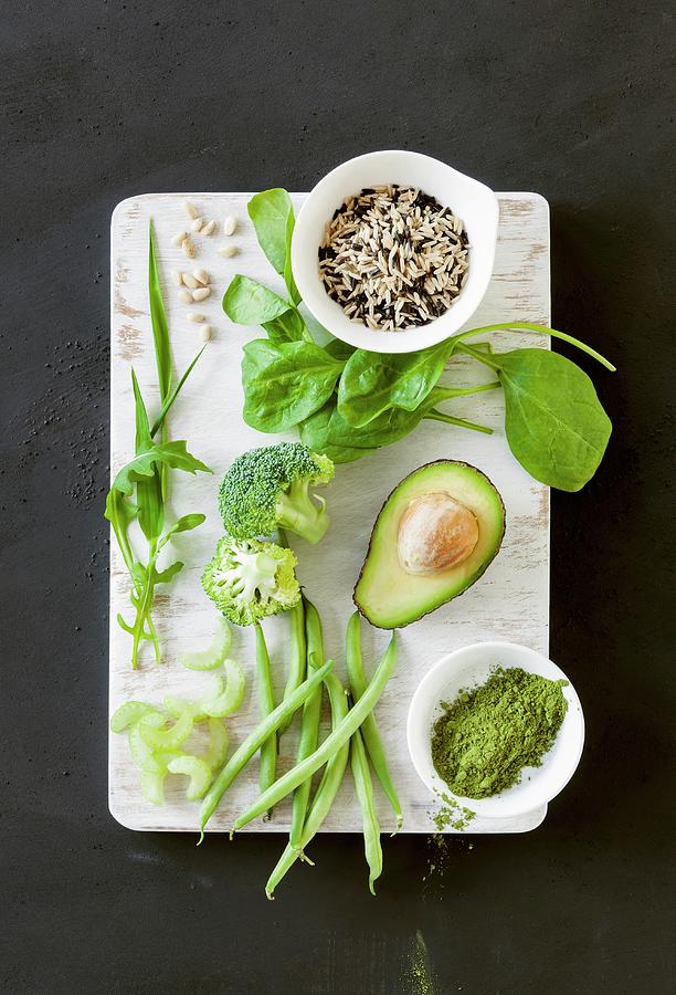 Green Superfood vegetables, Matcha Tea And Wild Rice Photograph by Birgit Twellmann