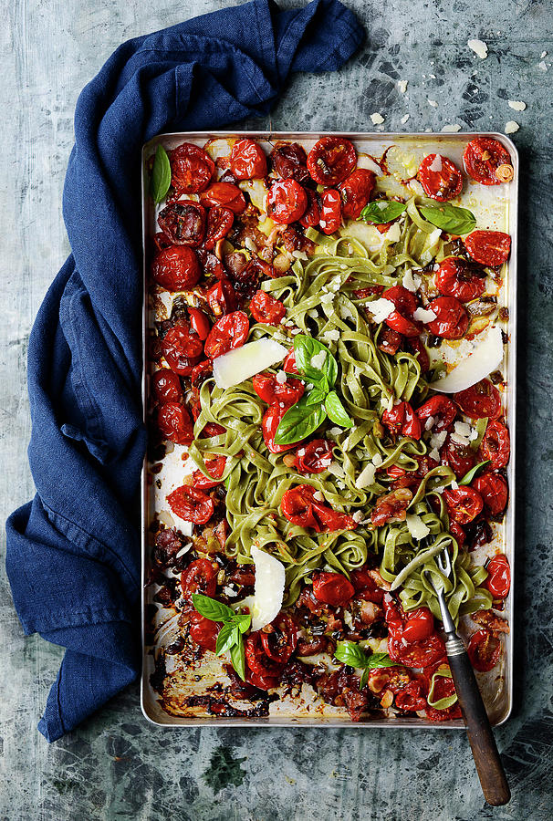 Green Tagliatelle With Oven Roasted Vegetables top View Photograph by Ewgenija Schall