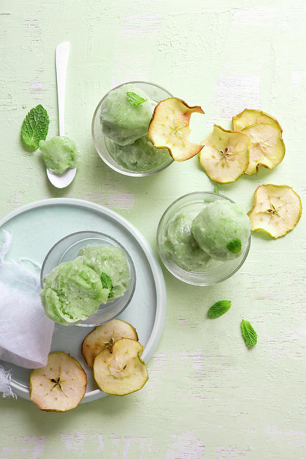 Green Tea And Apple Sorbet With Apple Crisps vegan Photograph by Great Stock!