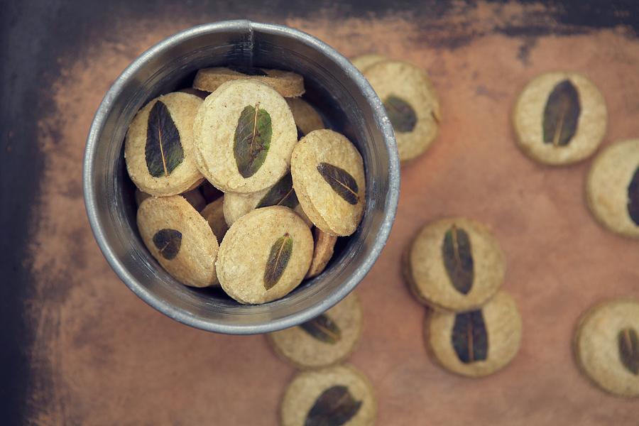 Green Tea Cookies With Mint In A Metal Bucket On A Vintage Wooden Table Photograph by Nika Moskalenko