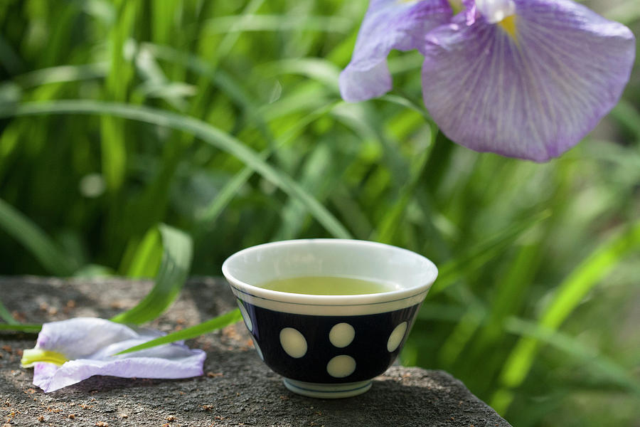 Green Tea In A Tea Bowl And Japanese Yellow Iris Photograph by Martina Schindler