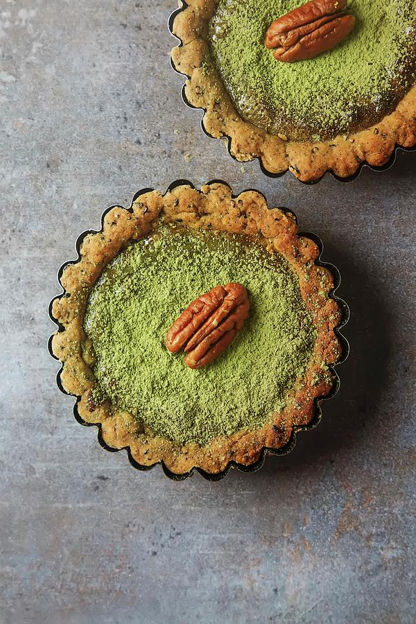 Green Tea Vegetarian Pie Match With Nuts And Mint Photograph by Naltik