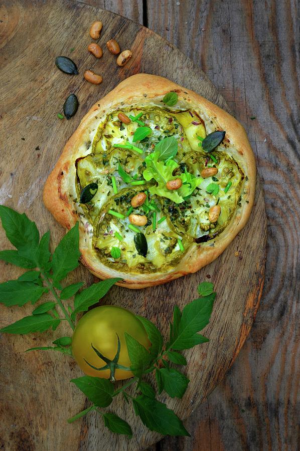 Green Tomato, Squash Seed, Roasted Soya Bean And Fresh Herb Pizza Photograph by Keroudan