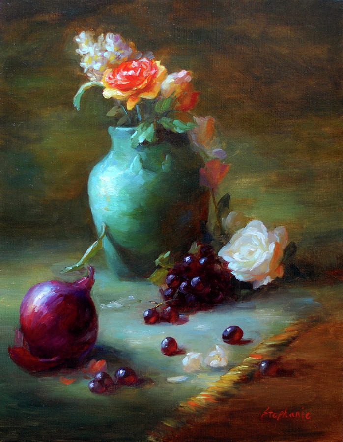 Green Vase with Flowers and Onion Painting by Stephanie K Johnson ...