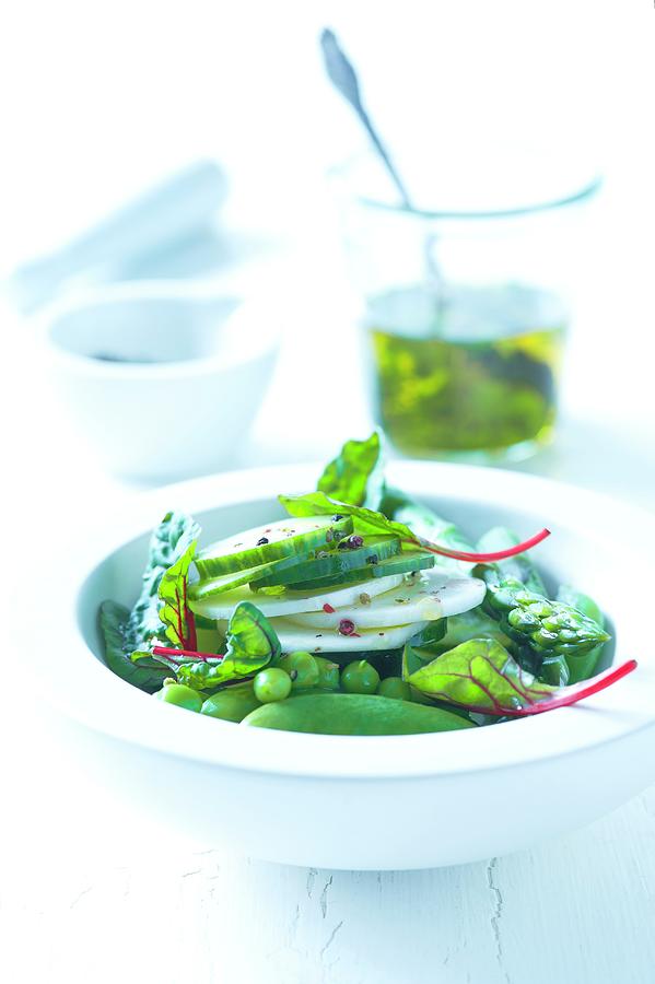 Green Vegetable Salad With Chard, Peas, Asparagus And Cucumber Photograph by Alena Hrbkov