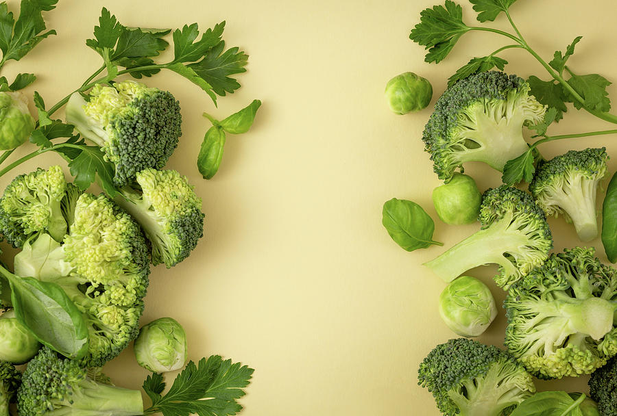 Green Vegetables Food Pattern Made Of Broccoli, Brussels Sprouts, Basil Leaves Photograph by Olena Yeromenko